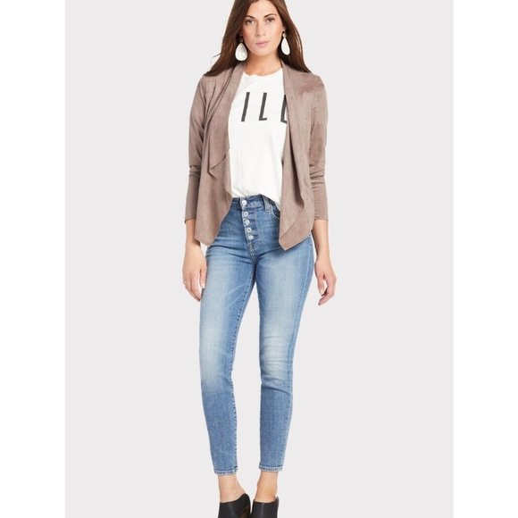 KUT from the Kloth Tayanita Faux Suede Drape Front Jacket size L Taupe - Picture 4 of 15